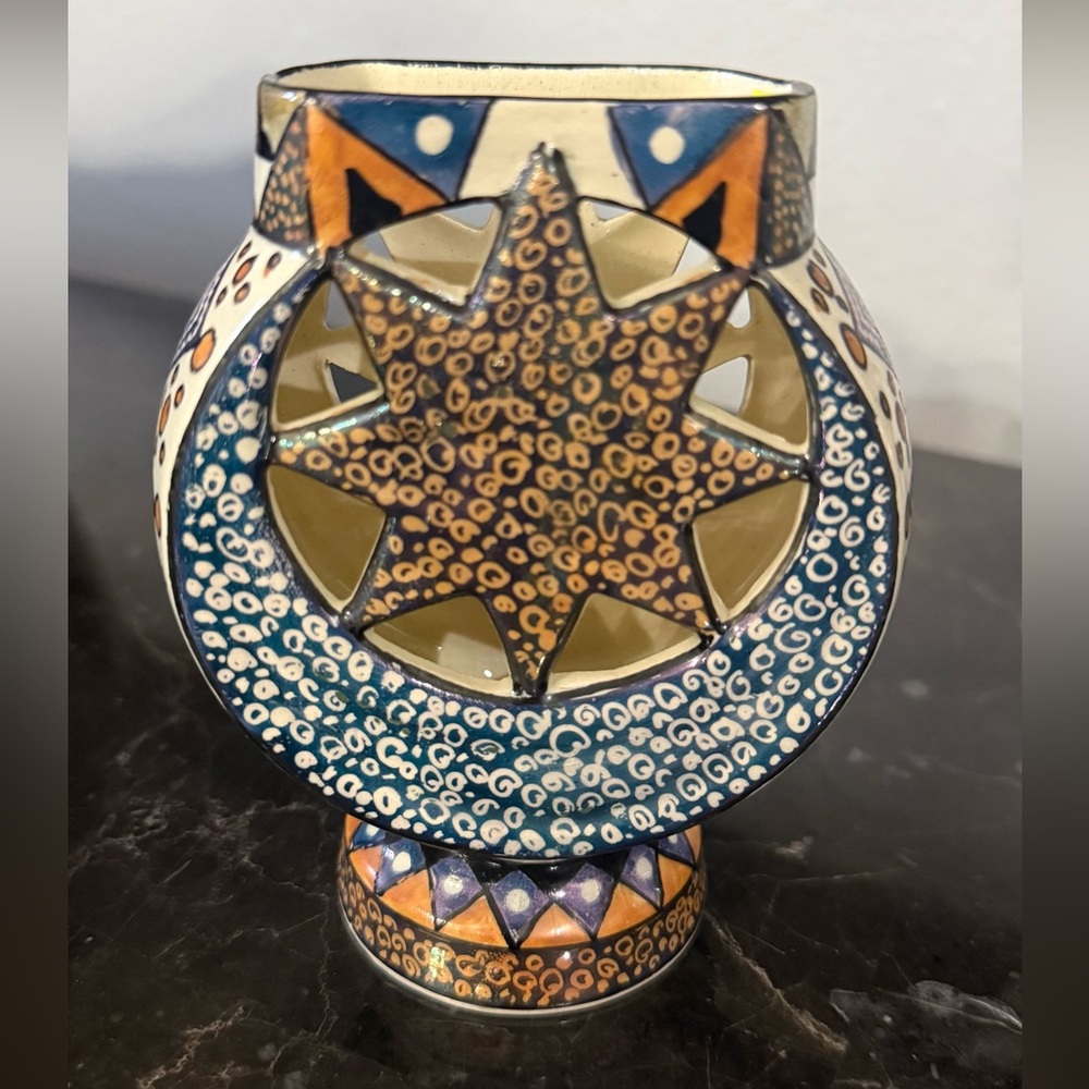 SIGNED, HAND PAINTED ORNATE TEA POT, VASE & CANDLE HOLDER BY ARTIST SALEH RZA - Picture 5 of 10